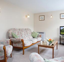 A living room with patterned sofas a wooden coffee table with cups and fruit bowl and a television at Low Croft Cottage in Grasmere
