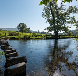 A river with stepping stones leading across and trees on the riverbank at Stepping Stones House in Ambleside