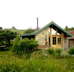 A stone cottage with a green roof surrounded by grass bushes flowers and trees at Old Cary Cottage Henley near Langport