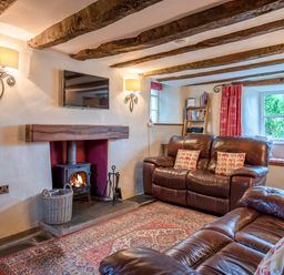 A living room with leather sofas a wood burning stove a television and a bookshelf at Knotts Cottage in Troutbeck