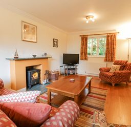 A living room with a fireplace a TV armchairs a wooden coffee table and patterned curtains at Orchard House in Ambleside