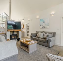 A living room with grey sofas a coffee table a fireplace and a wall-mounted television at Wood Sage in Bamburgh