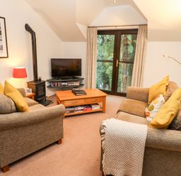A living room with two sofas a wooden coffee table a television and a wood stove at Fir Howe in Skelwith