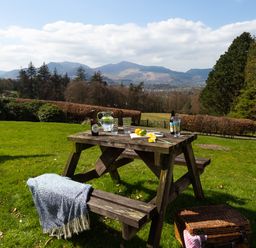 A wooden picnic table with drinks and fruit on grass with mountains and trees in the background at Tethera in Keswick