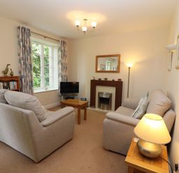 A living room with two sofas a wooden coffee table a fireplace a television and a bookshelf at Tethera in Keswick