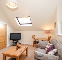A living room with a sofa table and television under a skylight at Squirrel Bank in Ambleside