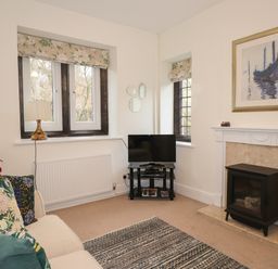 A living room with a sofa with floral cushions a rug a TV on a stand a fireplace and windows with floral blinds at Larch Cottage in Hawkshead
