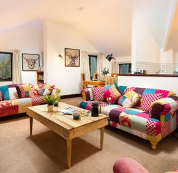 A living room with patchwork sofas wooden coffee table plants and animal paintings at Falls View Cottage in Ambleside