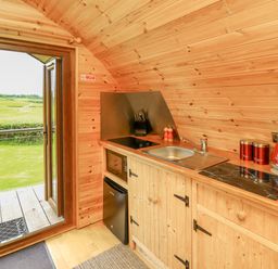 A kitchen area with a sink stove kettle and canisters in a wooden cabin at Oak View in Llandovery