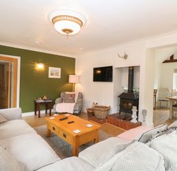 A living room with a wood-burning stove a television a wooden coffee table and a sofa at The Lodge in Wroxham