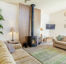 A living room with two sofas a wood burner and a television at The Croft in Leigh Sinton