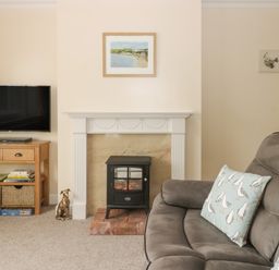 A living room with a wall-mounted TV on a wooden stand a fireplace with a stove and a gray sofa with bird patterned cushions at Arbour Retreat in Filey