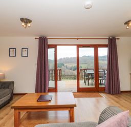 A living room with grey sofas a wooden coffee table a television and sliding glass doors leading to an outdoor deck at The Willow Lodge near Lyme Regis