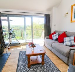 A living room with a gray sofa with red and plaid cushions a wooden coffee table a telescope by sliding glass doors and a bookshelf at Higher Bumsley Barn in Parracombe