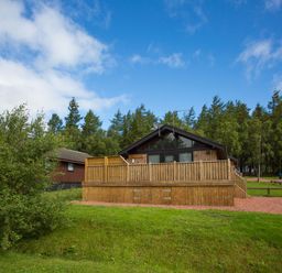 A wooden cabin with a fenced deck surrounded by grass and trees at Pine Tree in Otterburn