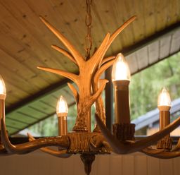 A chandelier made of antlers with light bulbs hanging from a wooden ceiling at Pine Tree in Otterburn