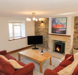 A living room with two red sofas a wooden coffee table a television a fireplace with a fire and a framed painting above at The Forge in Allendale