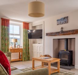 A living room with green couches a wooden coffee table a wood burning stove and a television at Eel House Cottage Graythwaite Estate near Hawkshead