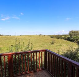 A wooden balcony overlooking a grassy field with bushes and trees at Ffrwd Lodge in Rhosneigr
