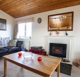 A living room with a black leather sofa a wooden coffee table a fireplace and a window at Ffrwd Lodge in Rhosneigr