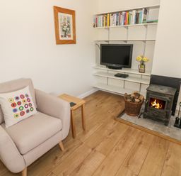 A living room with a beige armchair a side table a wood burning stove a basket of firewood a television on wall shelves and a framed picture on the wall at The Wash House in Sibford Ferris