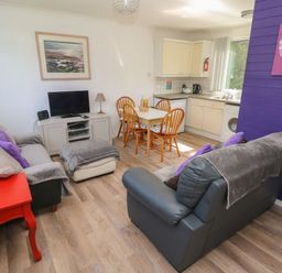 A living room with two sofas a television on a cabinet a dining table with four chairs and a kitchen area with cabinets and appliances at Y Twll Bollt The Bolt Hole Folkeston Hill Nolton Haven West Wales and Pembrokeshire
