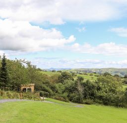 A winding gravel path through green grass beside trees and a small wooden structure with hills and cloudy sky in the background at Woodland Pod in Maerdy near Corwen