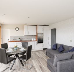 An open plan kitchen and living room with a dining table set for four and a grey sofa at Meadow Lodge in Maerdy near Corwen