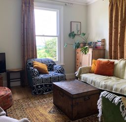 A living room with a patterned armchair, a wooden chest as a coffee table, a television, and a sofa with cushions at Wottonsbury in Ilsington