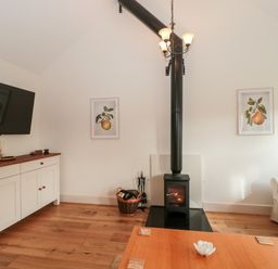A living room with a wood burning stove television and sofa at Tom's Barn in Mudford Sock near Yeovil Somerset