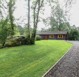 A wooden cabin surrounded by trees with a gravel driveway and grassy lawn at Millmore Cabin in Killin