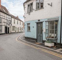 A street with old painted buildings including a blue and white house with a mailbox and a plant at Cobblers Cottage in Upton Upon Severn