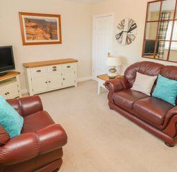 A living room with two leather sofas with cushions a TV and cabinets at Ffau'r Ddraig in Cross Hands