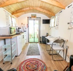 A narrow room with a wooden ceiling a kitchen counter with a microwave a small dining table with two chairs and a wall-mounted TV at Hugatree in Little Dunham near Litcham