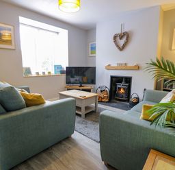 A living room with a television and a fireplace at Y Bwthyn in Llanbedr