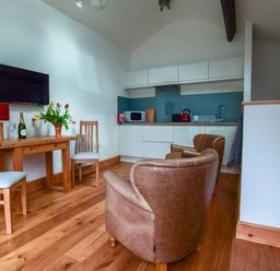 A small living area with two brown armchairs wooden chairs a table with a flower vase and a bottle a mounted tv and a kitchenette at Old Sawrey Stores in Hawkshead