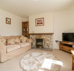 A living room with a sofa cushions fireplace television and round rug at Crooked Well in Timsbury Nr Bath