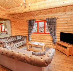 A living room with sofas a coffee table a TV on a stand and plaid curtains at Maple Lodge in Greetham Rutland