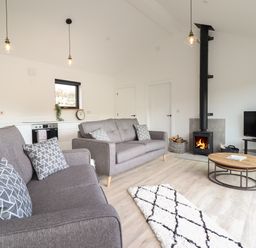 A living room with two gray sofas a wood stove a TV on a stand and a round coffee table at The Sheep Shed in Llanrhaeadr-Ym-Mochnant