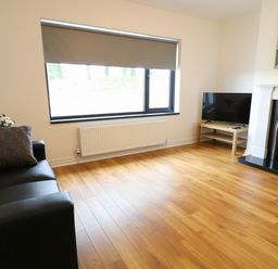 A living room with a black sofa a gray pillow a TV on a wooden stand a fireplace and a window with a roller blind at Gatehouse in Moville County Donegal