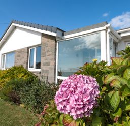 Exterior view of a house with a garden featuring green bushes and a pink flower at 33 Weymouth Park in Hope Cove