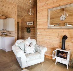 An armchair with cushions next to a white stove and large mirror in a wooden room at The Larches Van near Llanidloes