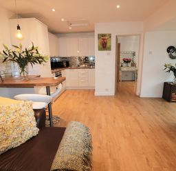 An open living area with a kitchen counter stool and sofa with cushions and plants at Swale Cottage in Beadnell