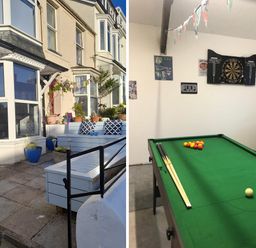 An outdoor patio area with potted plants and seating and an indoor game room with a pool table and dartboard at Bryn Derfel in Borth-y-Gest near Porthmadog