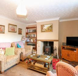 A living room with armchairs a bookshelf a fireplace and a television at Rose Cottage in Downham Market