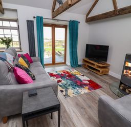 A living room with a sofa and armchair a colorful rug a wood burning stove and a TV at The Roost in Porthallow