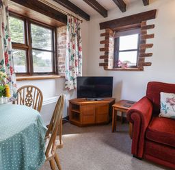 A living room with a red armchair a TV on a wooden stand and a table with a polka dot tablecloth and flowers at Stable Cottage in Colyton