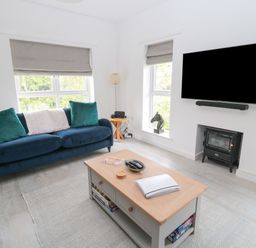 A living room with a blue sofa green cushions a wooden coffee table and a wall mounted television at Summer Rose in Craster