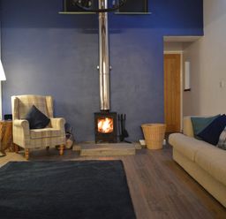 A living room with a wood stove fire a checked armchair a beige sofa and a floor lamp at Cwrt y Wennol in Salem near Clydach