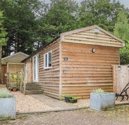 An outdoor view of a wooden cabin with steps and plants at Orchard Lodge in Bolney